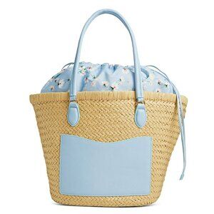 On 34th Isabellaa Women's Straw Medium Drawstring Tote Blue Floral (MSRP $130)